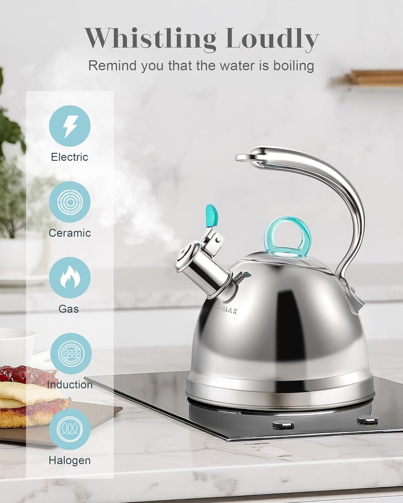 harriet Tea Kettle Stovetop, 2.5 Quart Whistling Stainless Steel Tea Pot, 3-Layer Base, Unique Ergonomic Handle, Includes Pot Holder & Mat, Electric/Induction/Gas Stovetops Applicable, Mirror Finish - Image 4